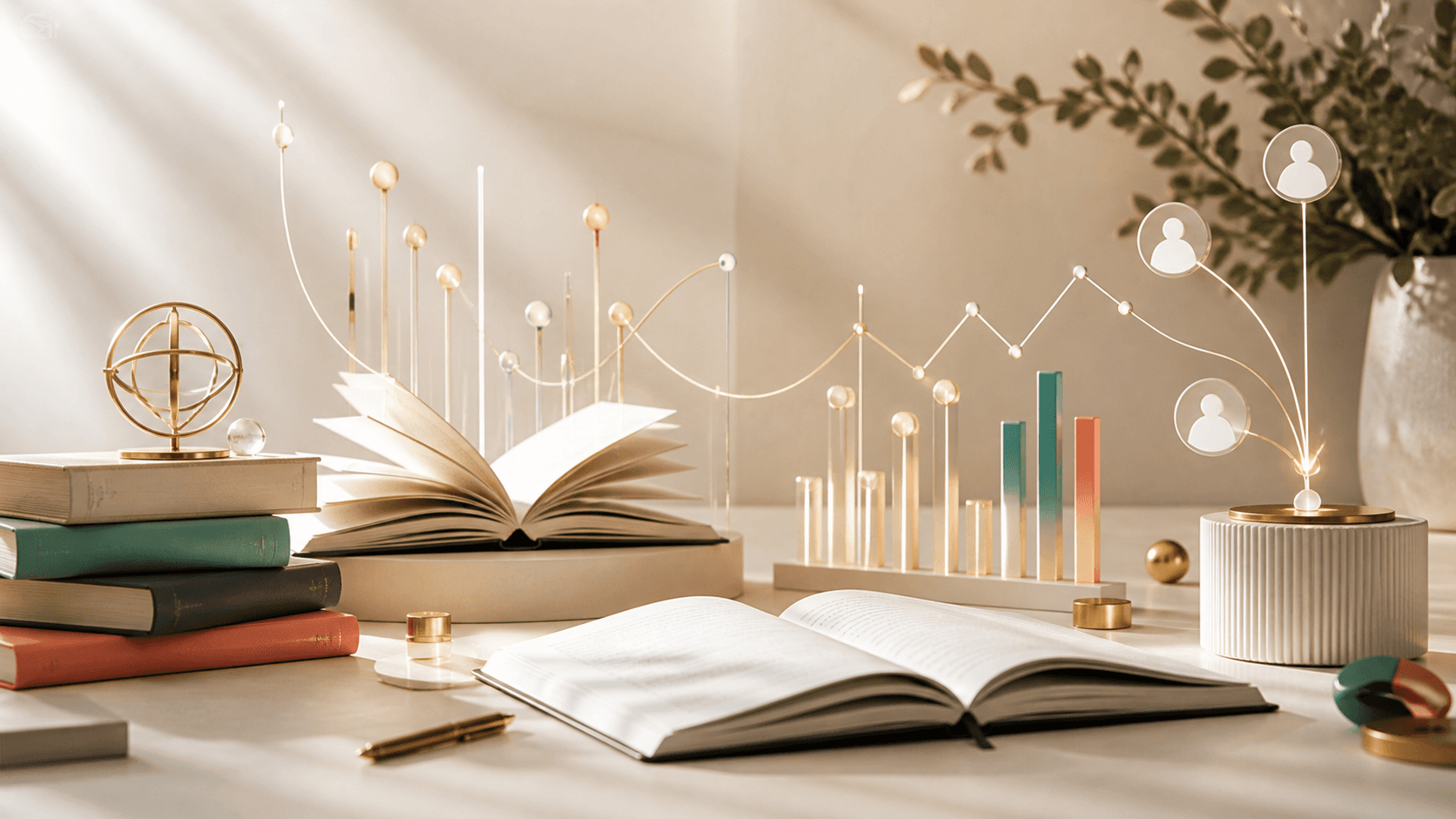 Books and sculptural analytics in a luminous author workspace